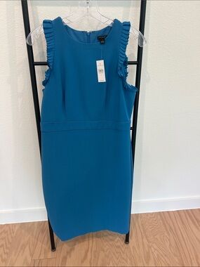 Ann Taylor Teal Ruffle Sleeve Sheath Dress